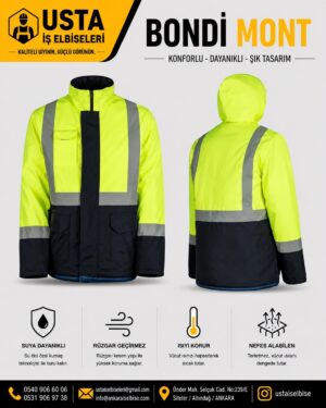 Su ve Rüzgar Geçirmez Bondi Kışlık İş Montu Lacivert/Sarı