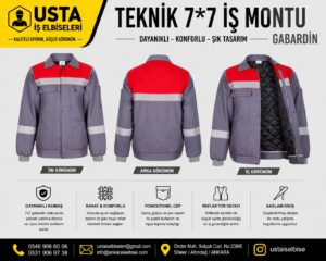 7*7 Gabardin İş Montu Kışlık Gri/Kırmızı