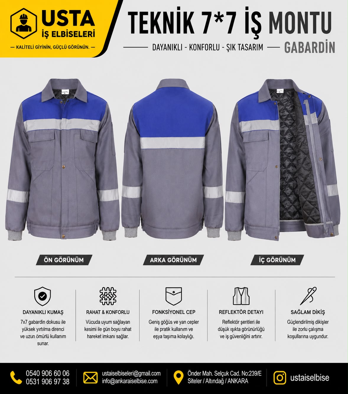 7*7 Gabardin İş Montu Kışlık Gri/Mavi