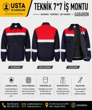 7*7 Gabardin İş Montu Kışlık Lacivert/Kırmızı