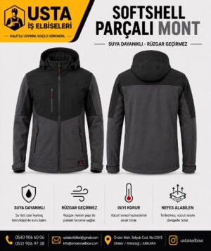 Ustaİş Gri/Siyah Kapşonlu Softshell Mont