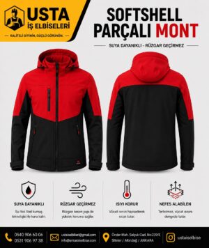 Ustaİş Kırmızı/Siyah Kapşonlu Softshell Mont